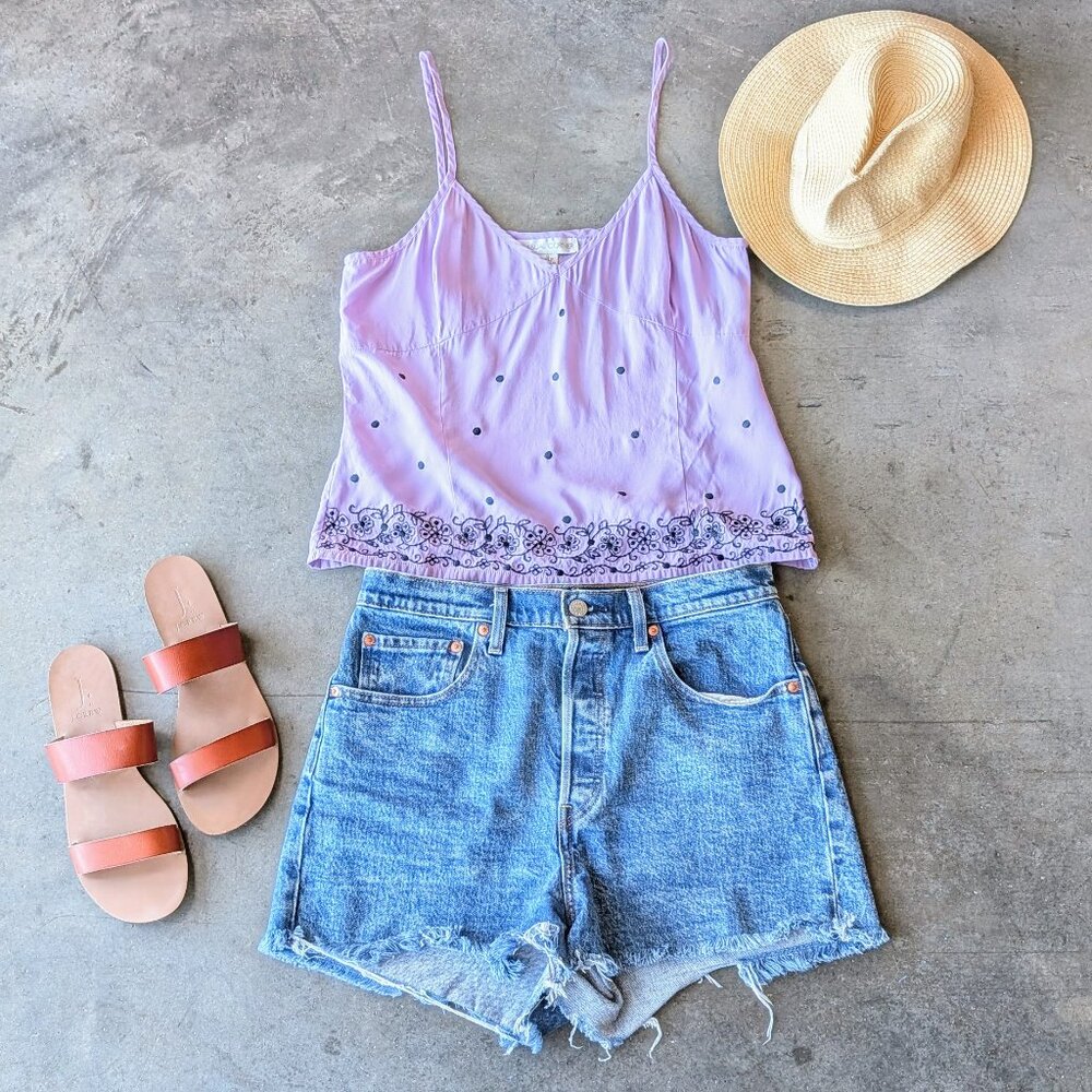 Vintage 90s Indie Sleaze Purple V-Neck Embroidered Silk Cami Tank Top size 12